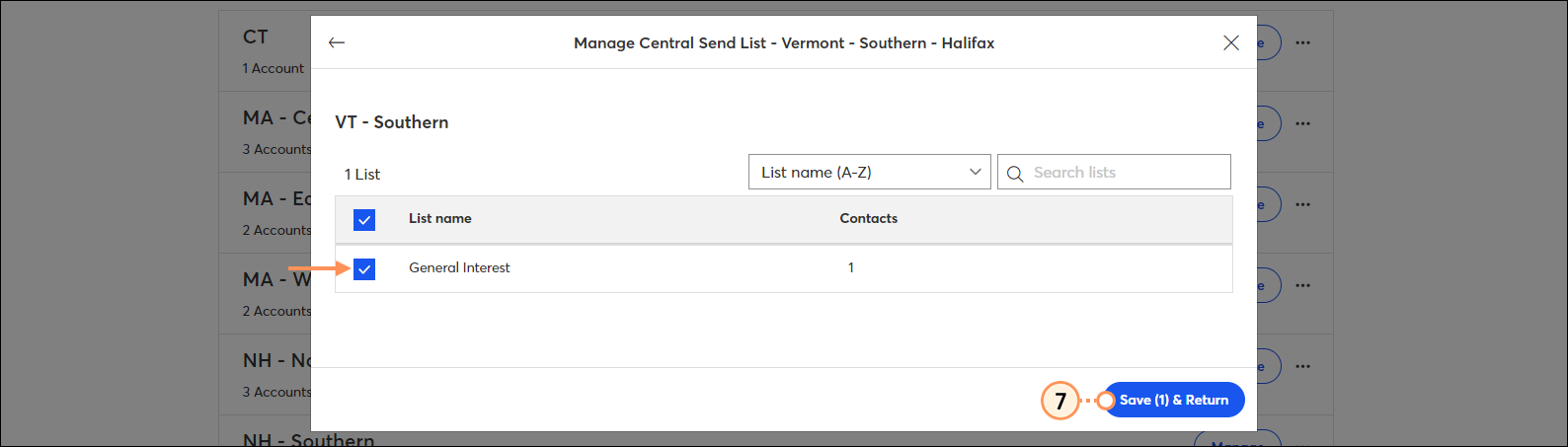 Manage Central Send List overlay for specific child account, with list options and Save & Return button