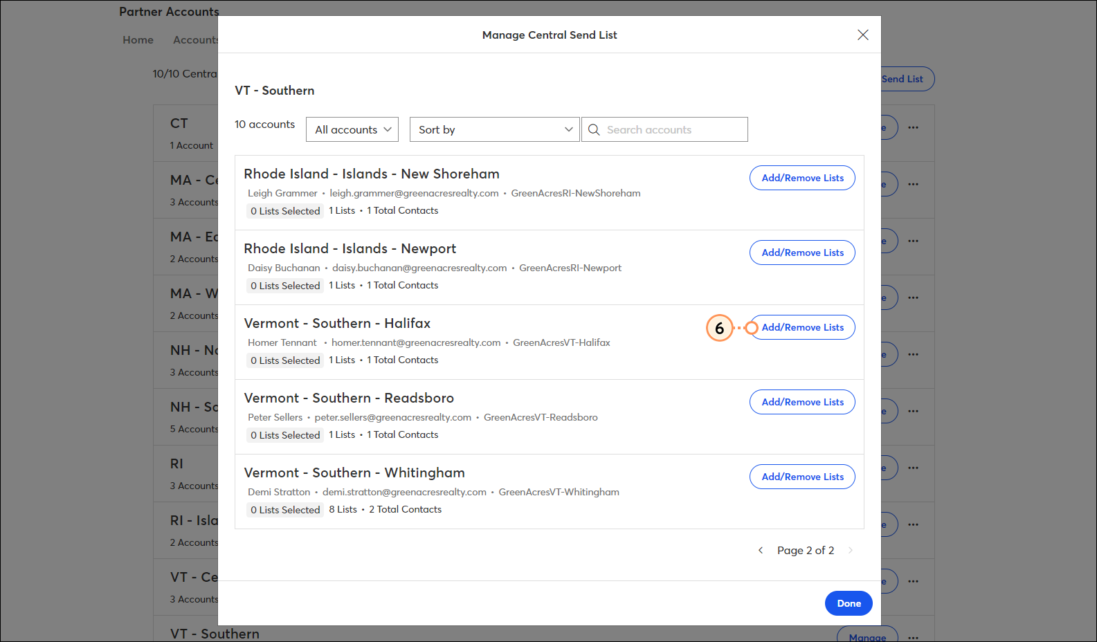 Manage Central Send List overlay with child account options and AddRemove List button