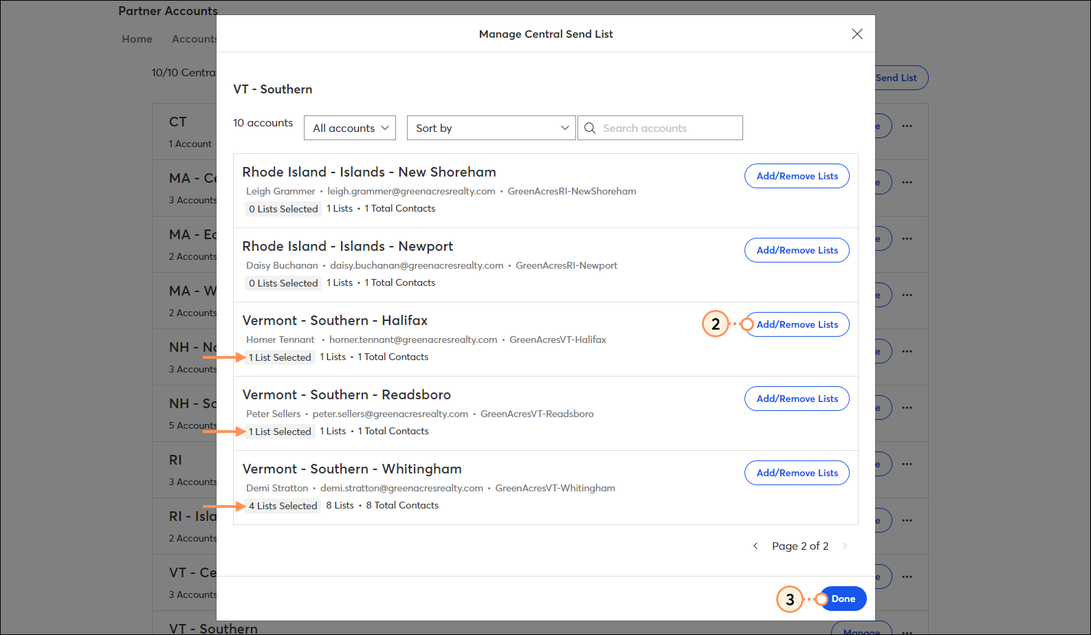 Manage Central Send List overlay with child account options and AddRemove Lists button, child account lists selected, and Done button