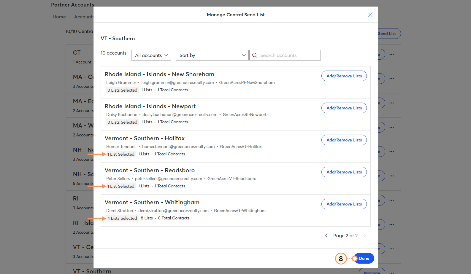 Manage Central Send List overlay with child account options with lists selected, and Done button