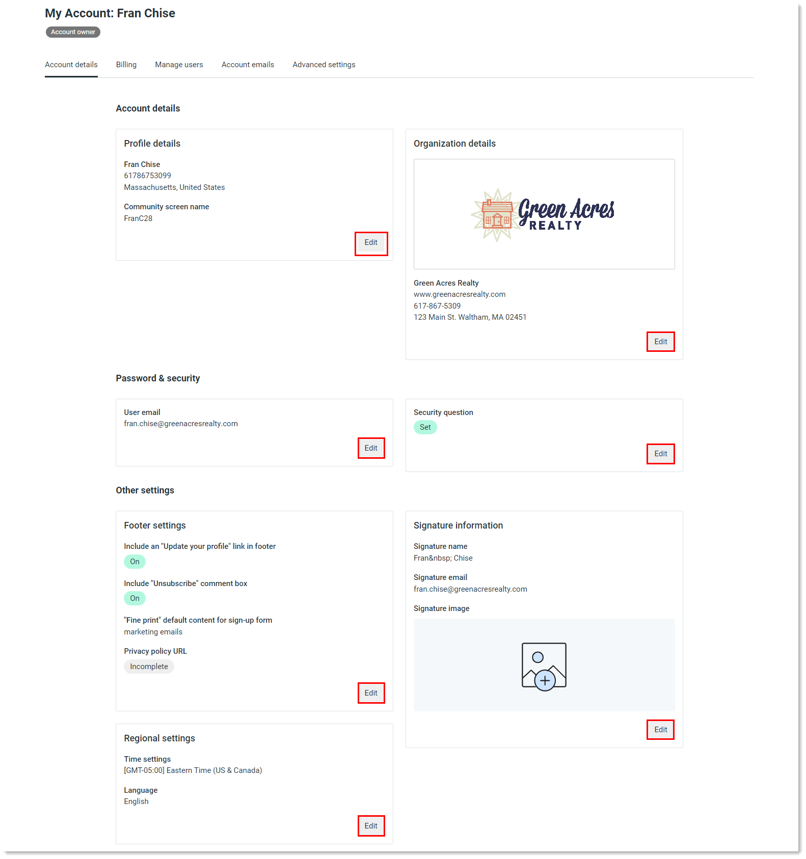 My Account page with Account details tab selected, Account details, Organization details, Password & security, and Other settings sections with Edit buttons