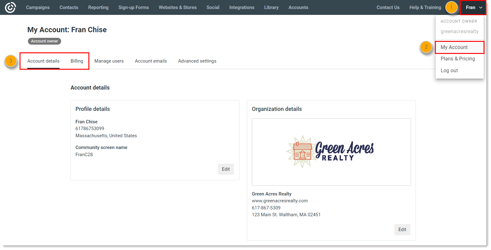 Account owner drop-down menu expanded and My Account option selected, My Account page with Account details tab selected, and Billing tab option