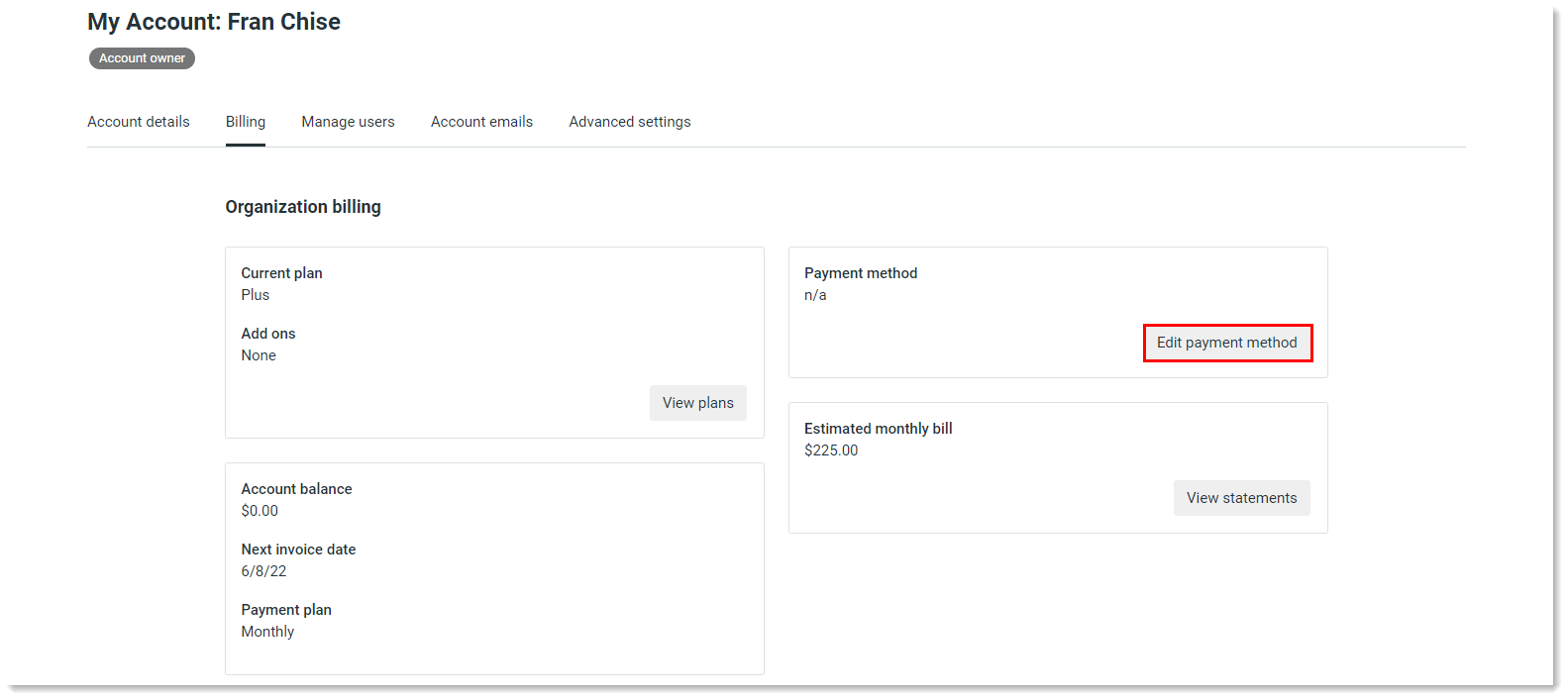 My Account page with Billing tab selected, Organization billing section with Payment method block, and Edit payment method button