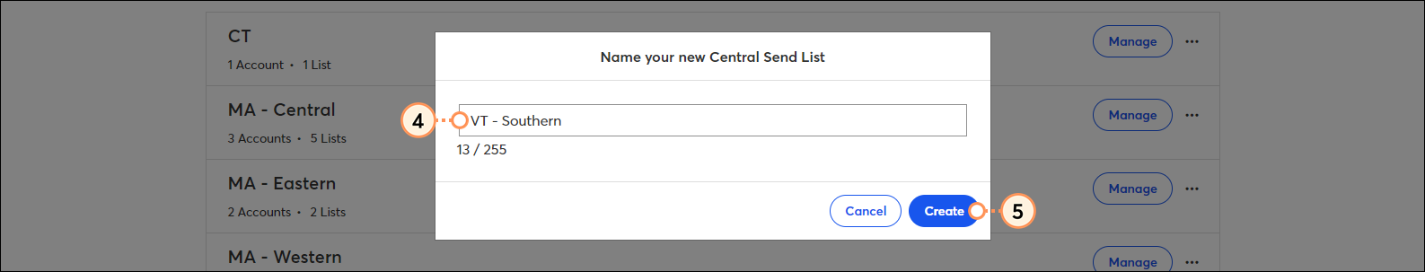 Name your new Central Send List overlay with list name field and Create butotn