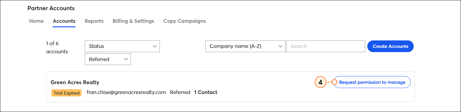 Accounts tab, Accounts sub-tab selected, referred accounts list and Request permission to manage button
