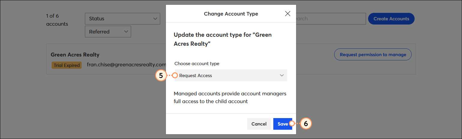 Change Account Type overlay, Choose account type drop-down menu expanded with Referred Account option selected, and Save button