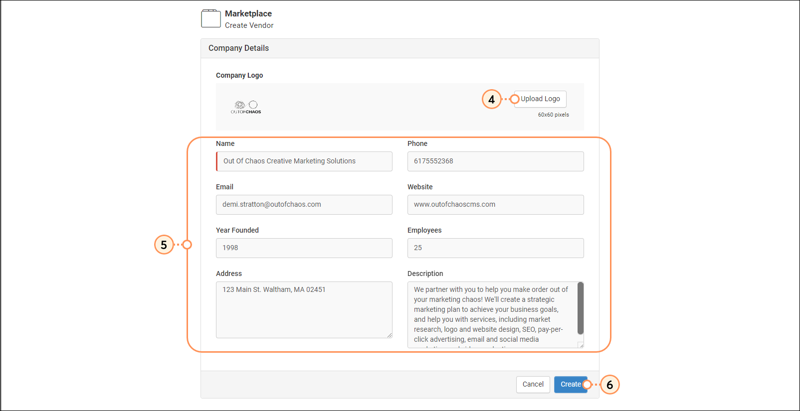 Create Vendor form with Company Logo section and Upload Logo button, Name, Phone, Email, Website, Year Founded, Employees, Address, and Description fields, and Create button
