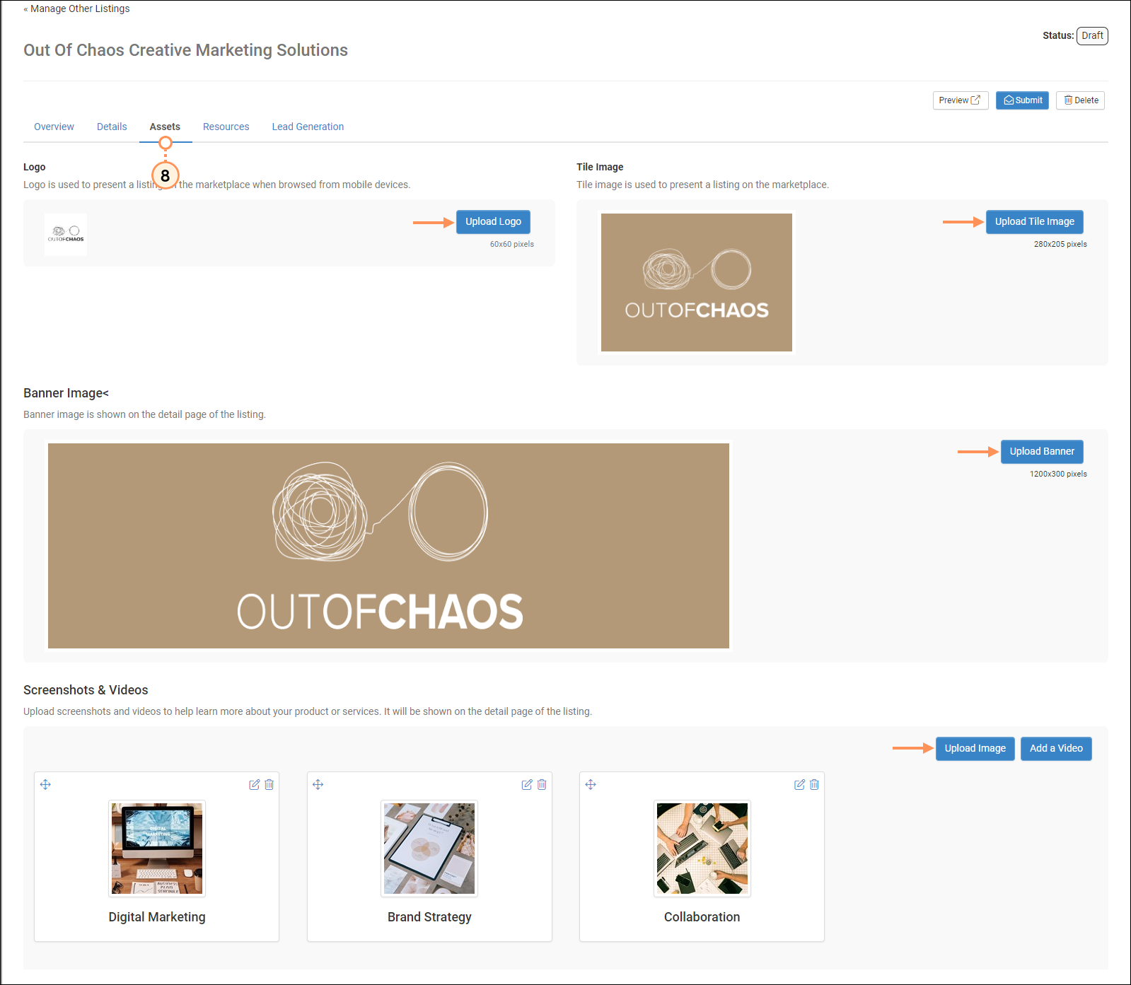 Listing draft with Assets tab selected with Log section and Upload Logo button, Tile Image section and Upload Tile Image button, Banner Image section and Upload Banner button, and Screenshots & Videos section with Upload Image and Add a Video buttons