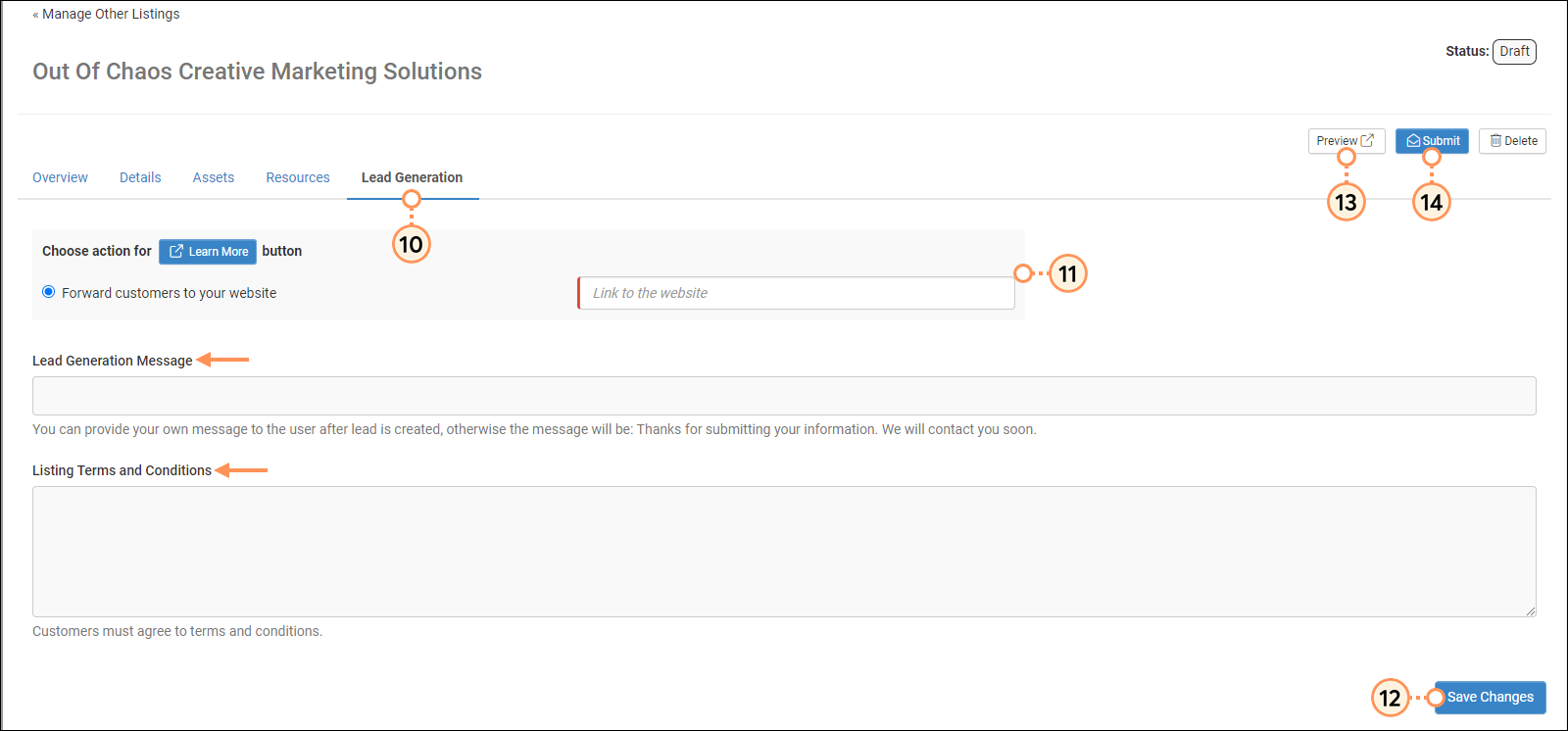 Listing draft with Lead Generation tab selected, Choose action section, Lead Generation Message field, Listing Terms and Conditions field, Save Changes button, and Preview and Submit buttons