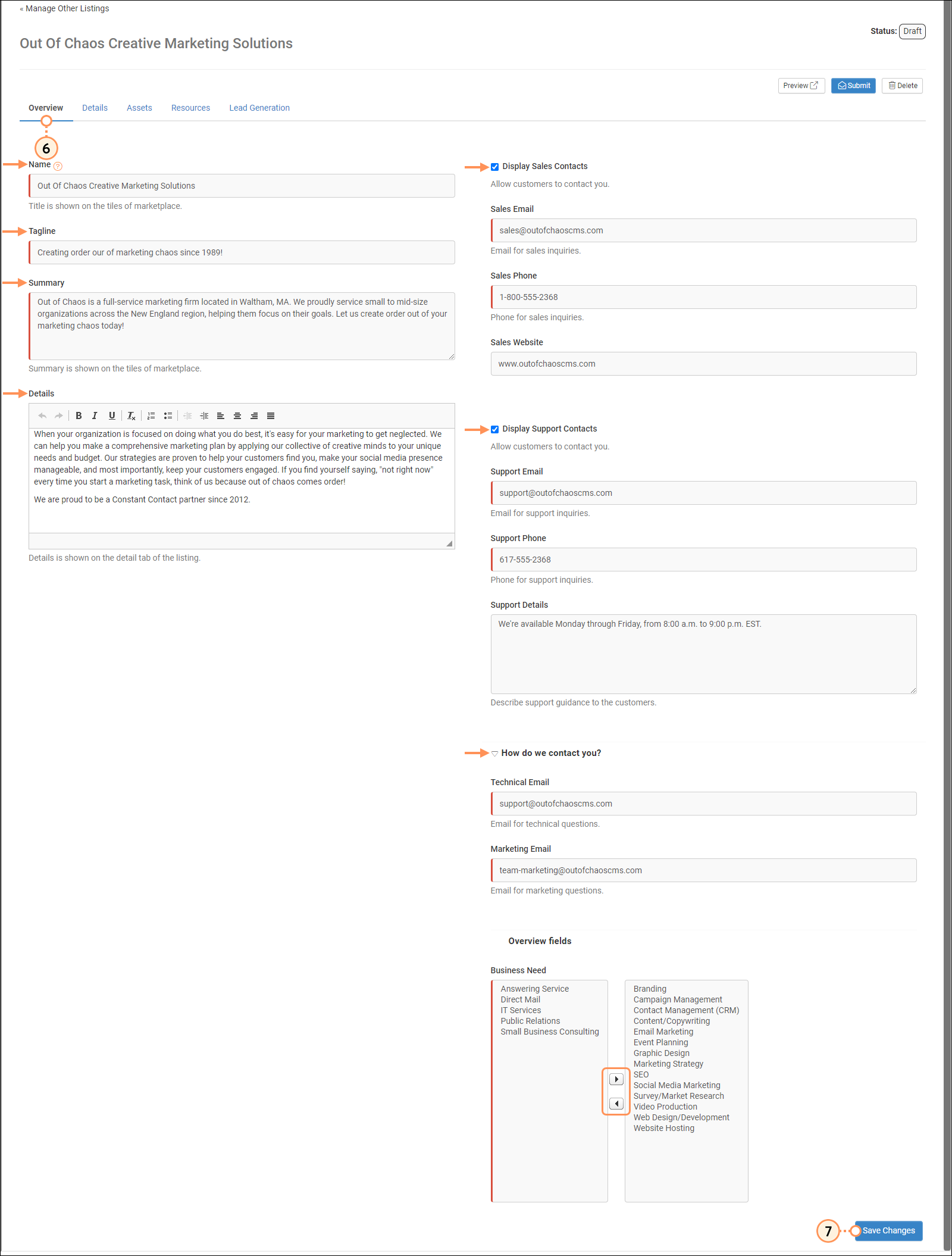 Listing draft with Overview tab selected, Name field, Tagline field, Summary field, and Details field, Display Sales Contacts option selected with Sales Email, Sales Phone, and Sales Website fields, Dispaly Support Contacts option selected with Support Email, Support Phone, and Support Details field, How do we contact you section expanded with Technical Email and Marketing Email fields, and Overview fields menu, and Save Changes button
