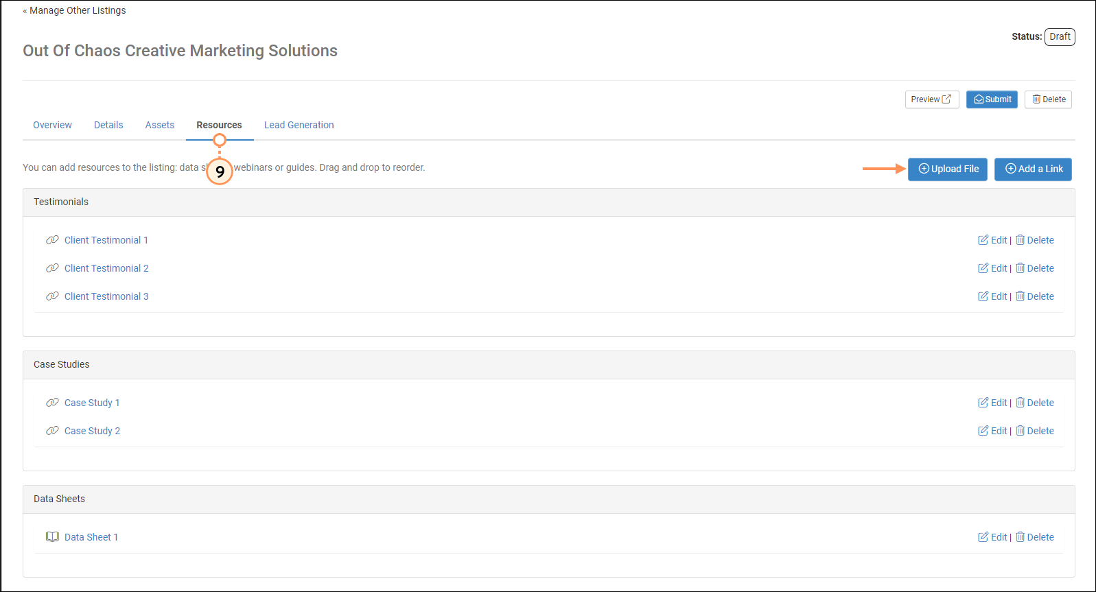 Listing draft with Resources tab selected, Update File button and Add a Link button, and Testimonials, Case Studies, and Data Sheets sections with links included