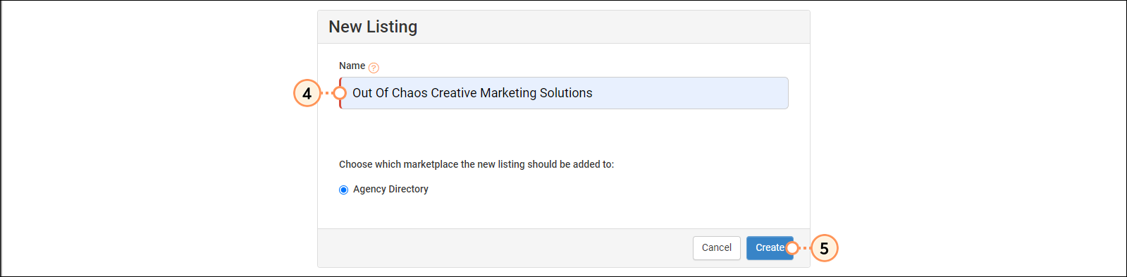 New listing form with Name field, Agency Directory option pre-selected, and Create button
