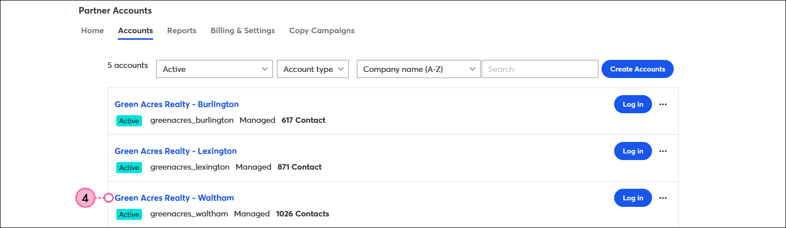 Accounts tab with Accounts tab selected, and accounts list