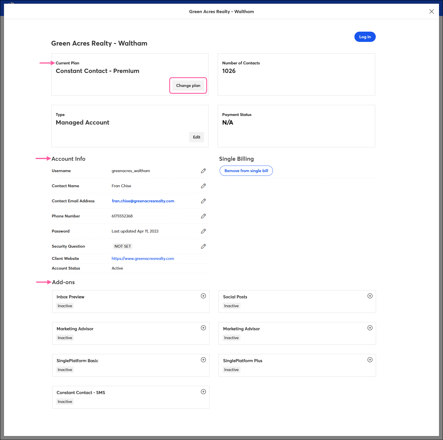 Child account details overlay with Change plan button, Account info section, and Add-ons section