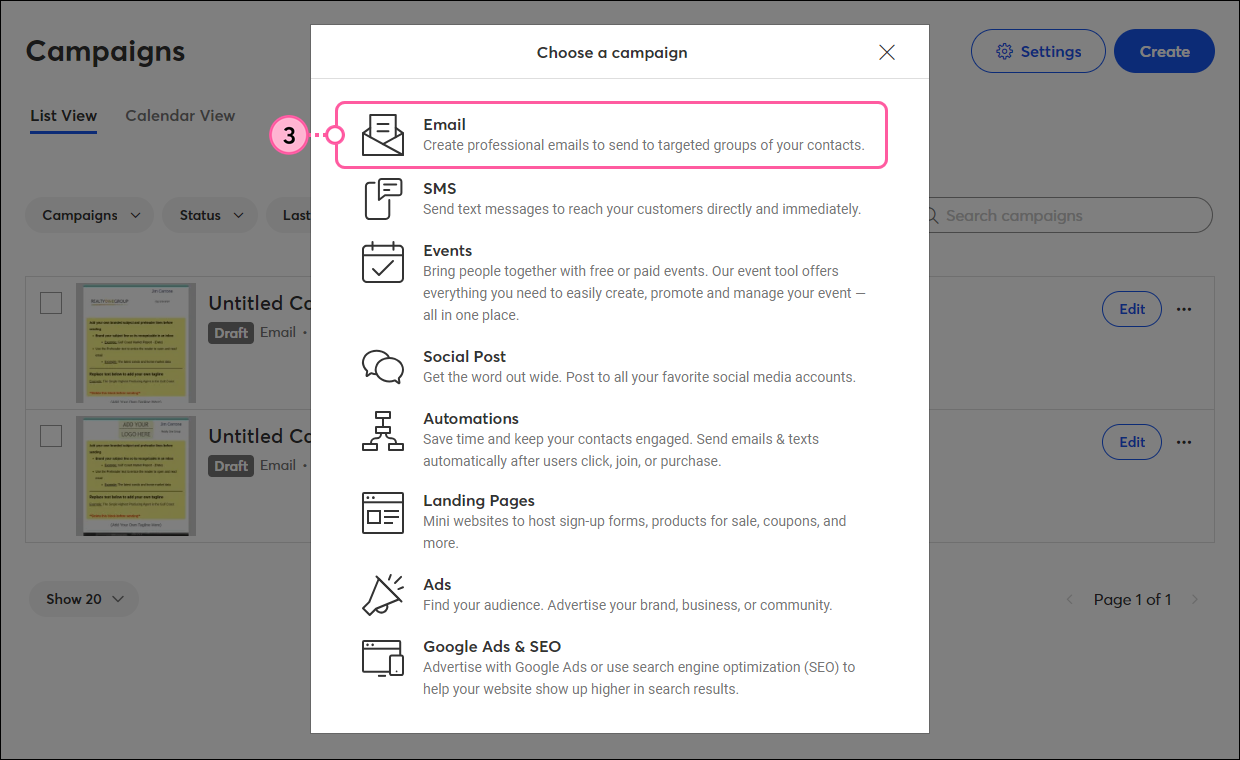 Choose a campaign overlay with Email option selected