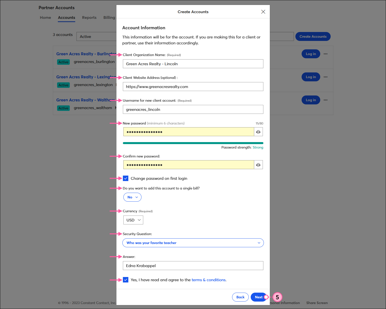 Create An Account overlay with Account Information options and Next button