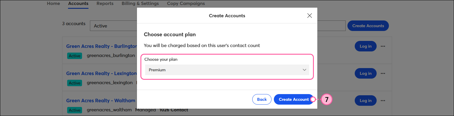Create Accounts overlay with Choose your plan drop-down menu and Premium option selected, and Create Account button