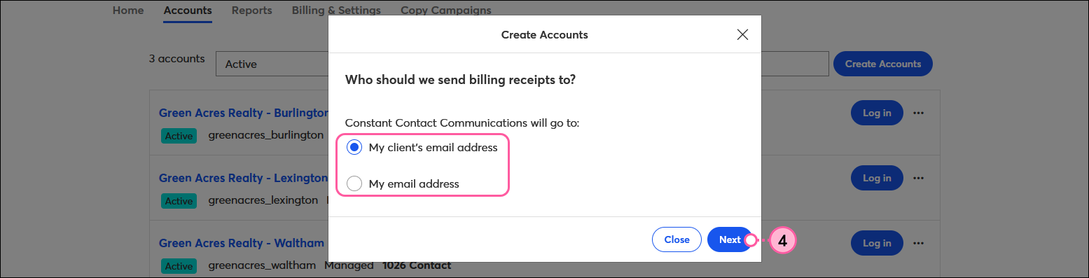 Create An Account overlay with Constant Contact Communications will go to options and Next button