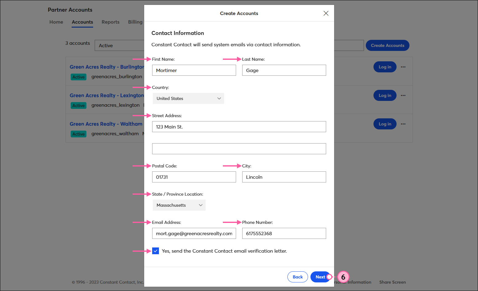Create An Account overlay with Contact Information options and Next button
