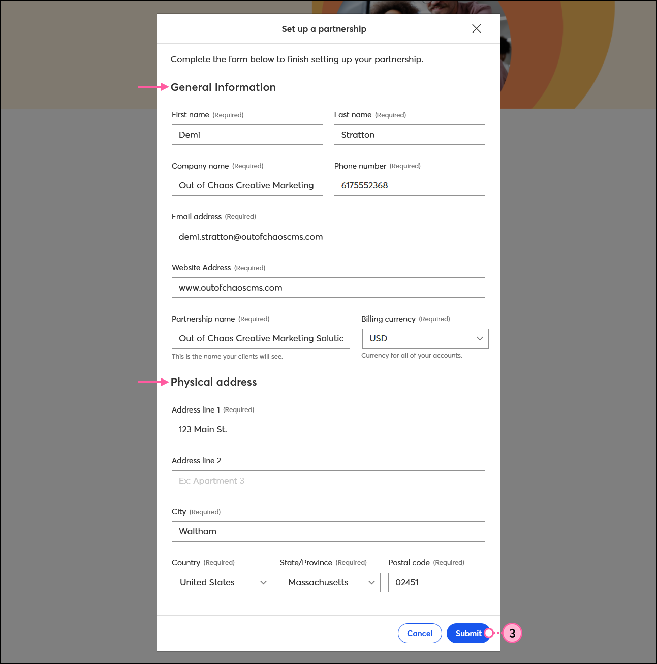 Set up a partnership overlay with General information section, Physical address section, and Submit button