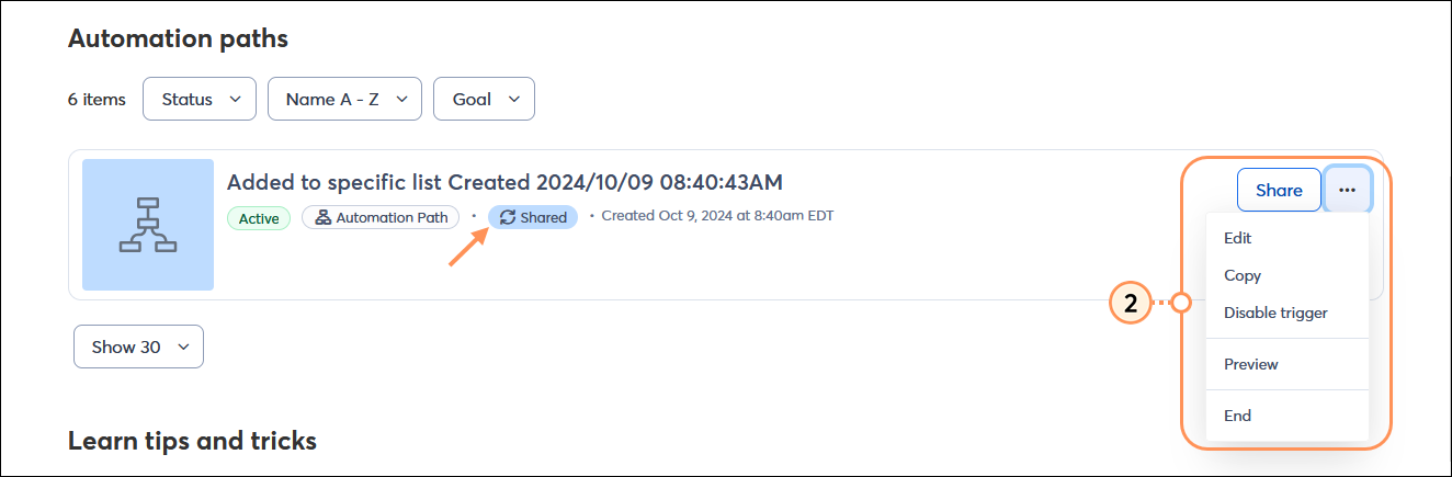 Automation paths section, shared path with menu expanded, and Edit, Copy, Disable trigger, Preview, and End options