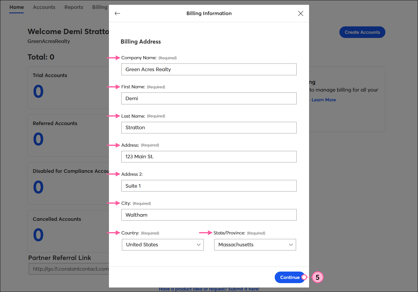 Billing Information overlay witl Billing Address fields and Continue button