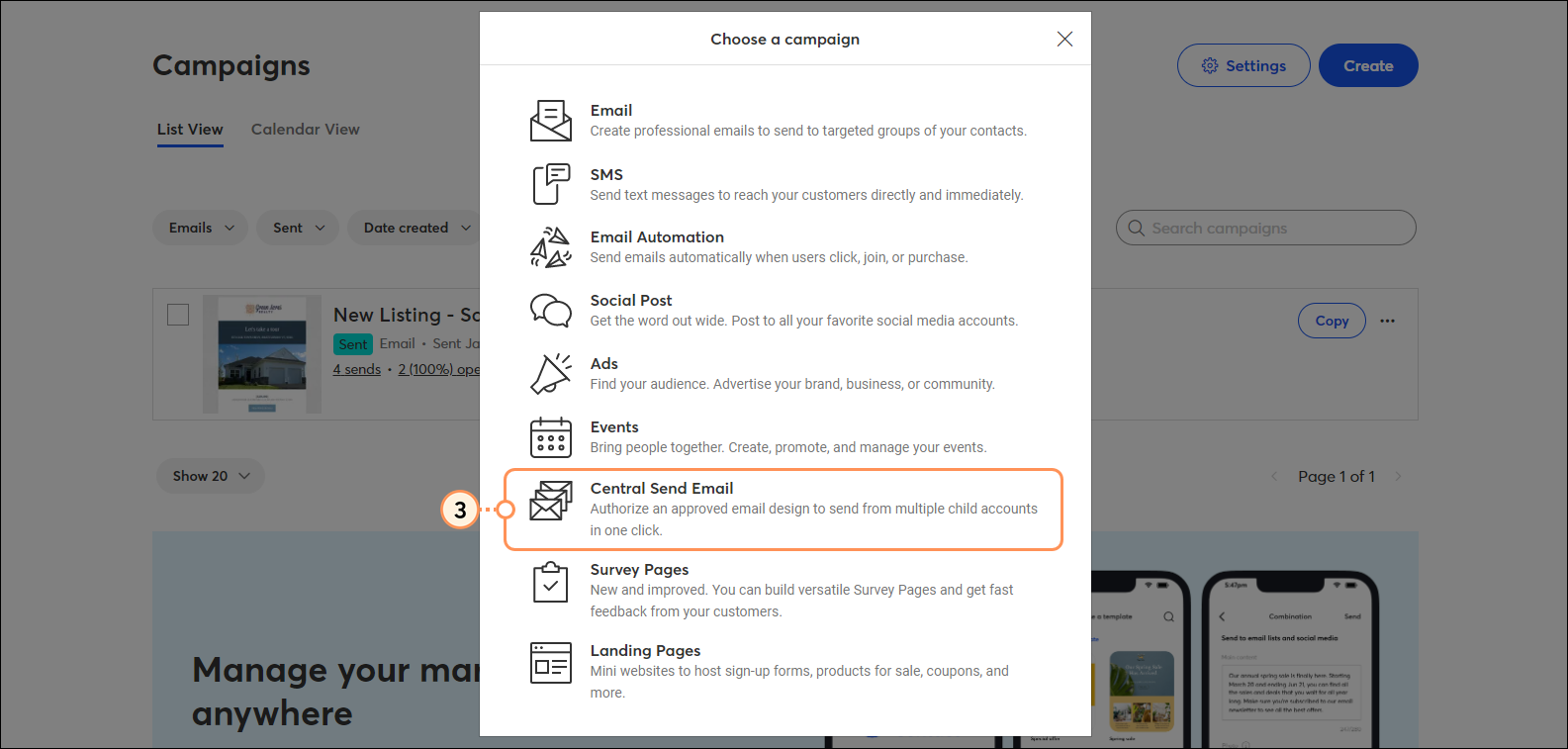Choose a campaign overlau and Central Send Email option