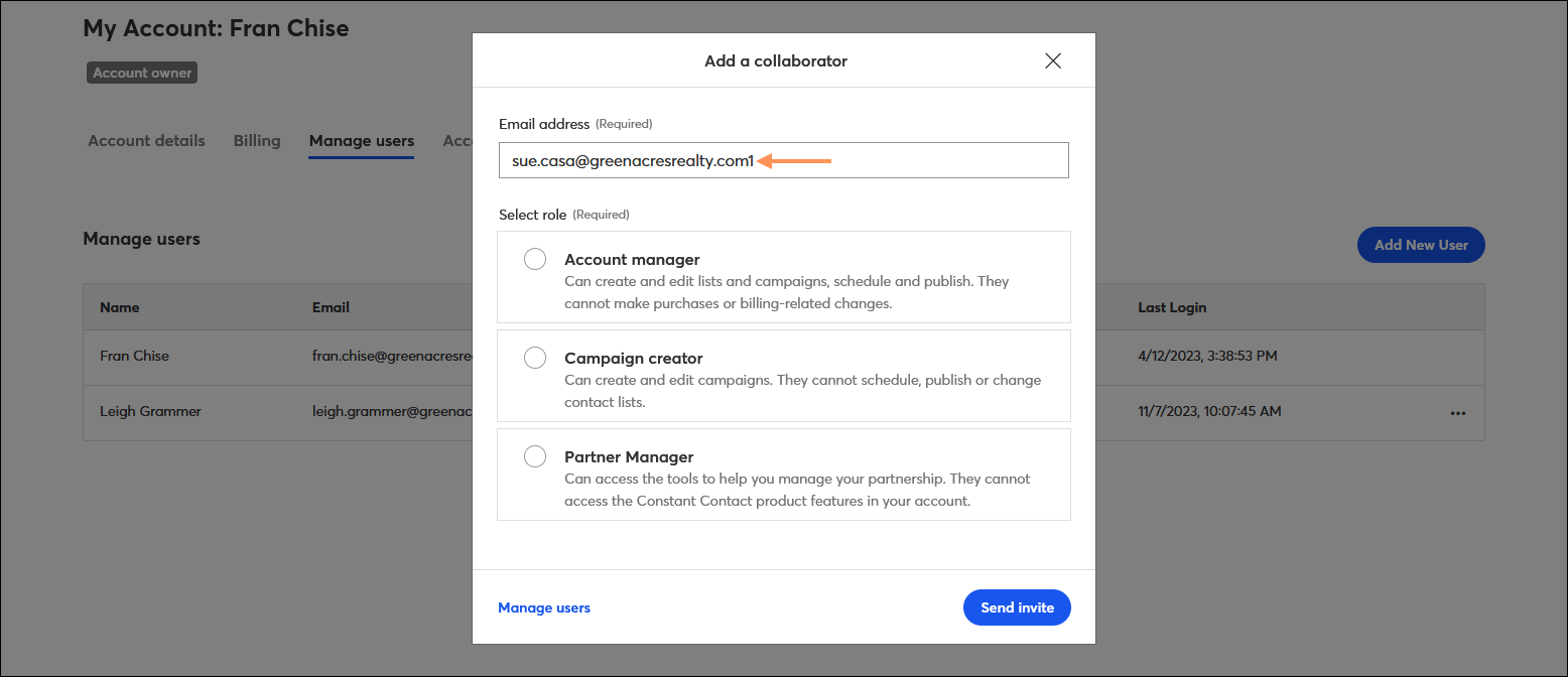 Add a collaborator overlay with Email address field and email address with identifier on the end of it