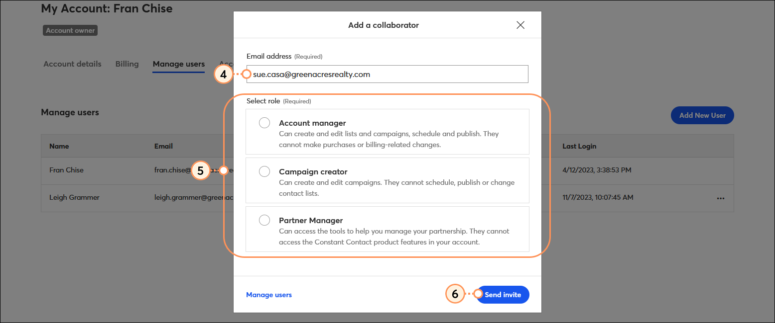 My Account page with Manage users tab selected, Add a collaborator overlay with Email address field, Select role options, and Send invite button