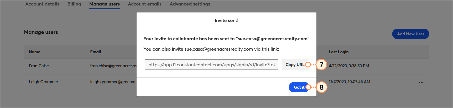 My Account page with Manage users tab selected, Invite sent! overlay with Copy URL button, and Got it button