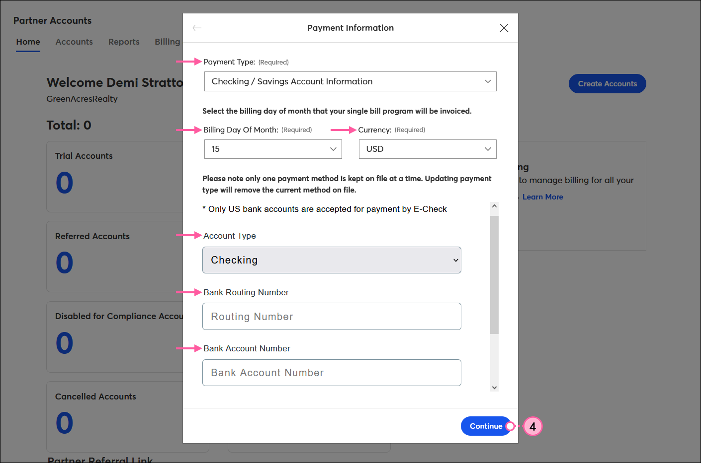 Payment information onverlay with Checking Savings Account Information options selected, Billing Day of Month field, Currency drop-down menu, Card number field, Account Type, Bank Routing Number, and Bank Account Number fields, and Continue button