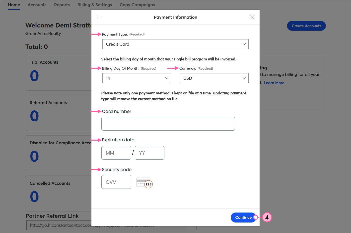 Payment information overlay with Credit Card option selected, Billing Day of Month field, Currency drop-down menu, Card number field, Expiration date field, Security code field, and Continue button