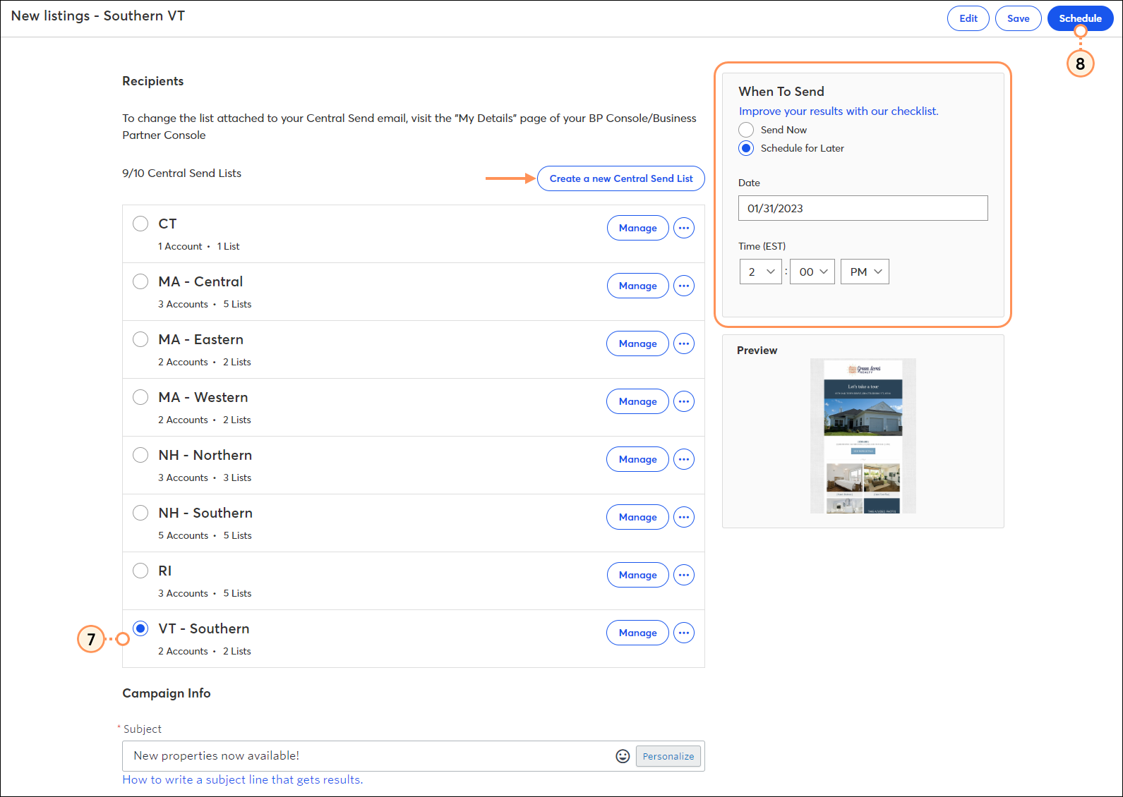 Schedule page with Recipients section and Central Send List options and Create a new Central Send Email List button, When to Send section with Send now and Schedule for Later options, and Schedule button