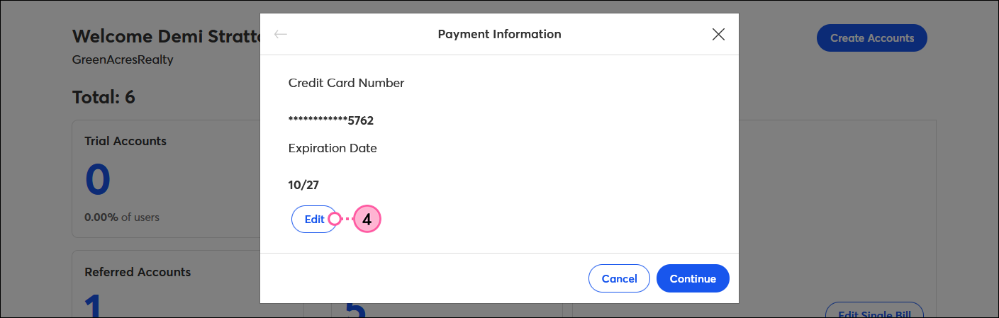 Payment Information overlay with Credit Card digits, Expiration Date, and Edit button