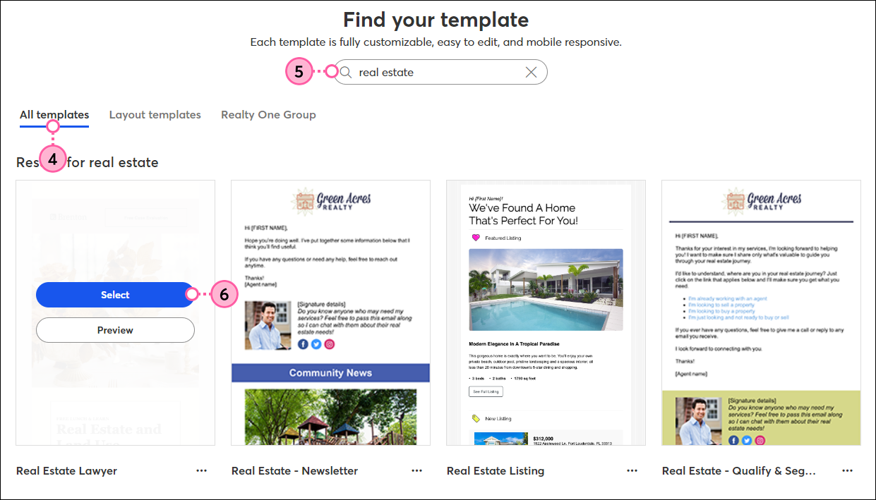 Find your template page with All templates tab selected, Search field with real real estate results, and template hover state with Select and Preview buttons