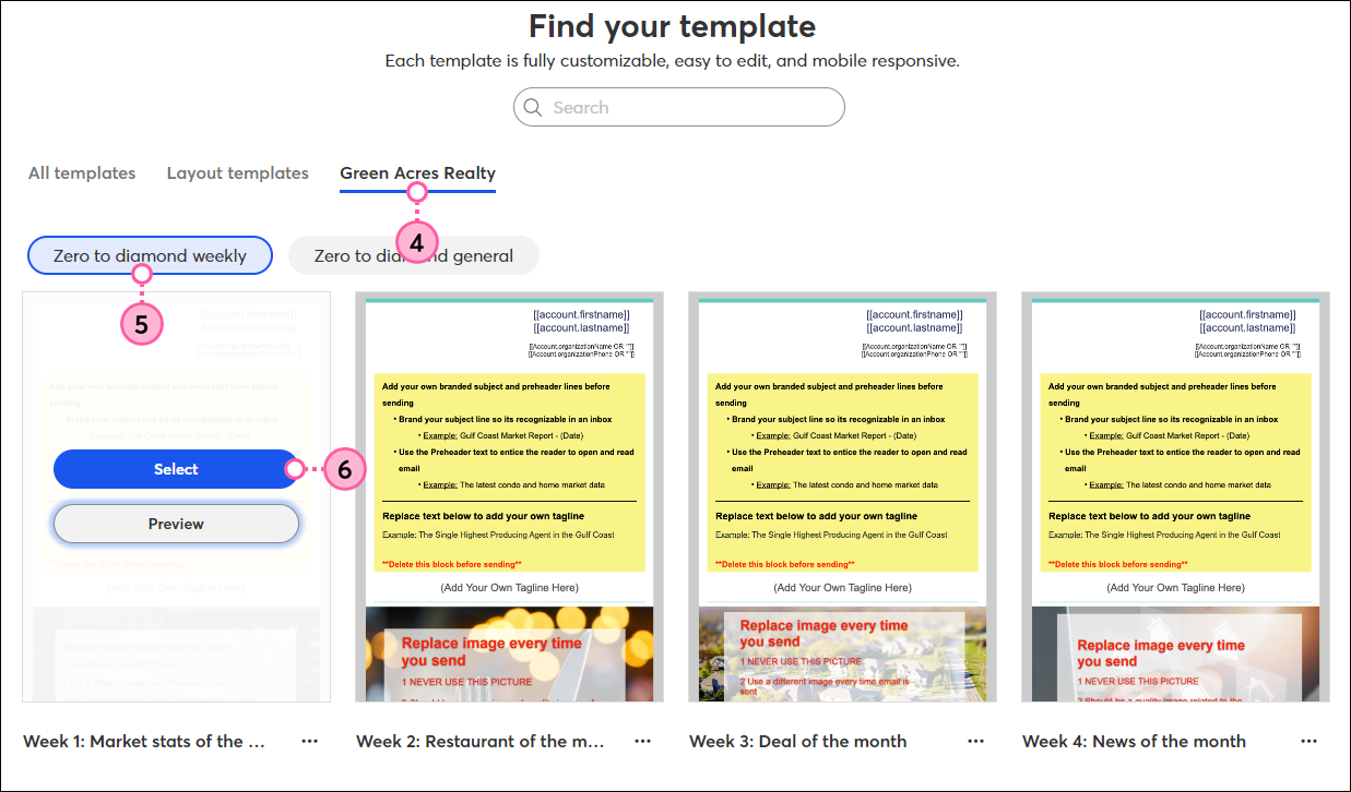 Find your template page with Partner tab selected, Zero to diamond weekly option selected, and template hover state with Select and Preview buttons