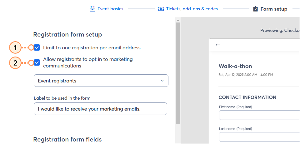 Casillas para limitar los registros a un solo correo electrónico y permitir a los participantes suscribirse al marketing