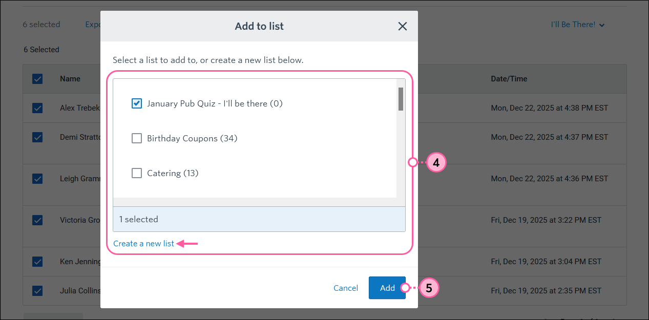Add to list overlay with list selected, Create a new list option selected, and Add button