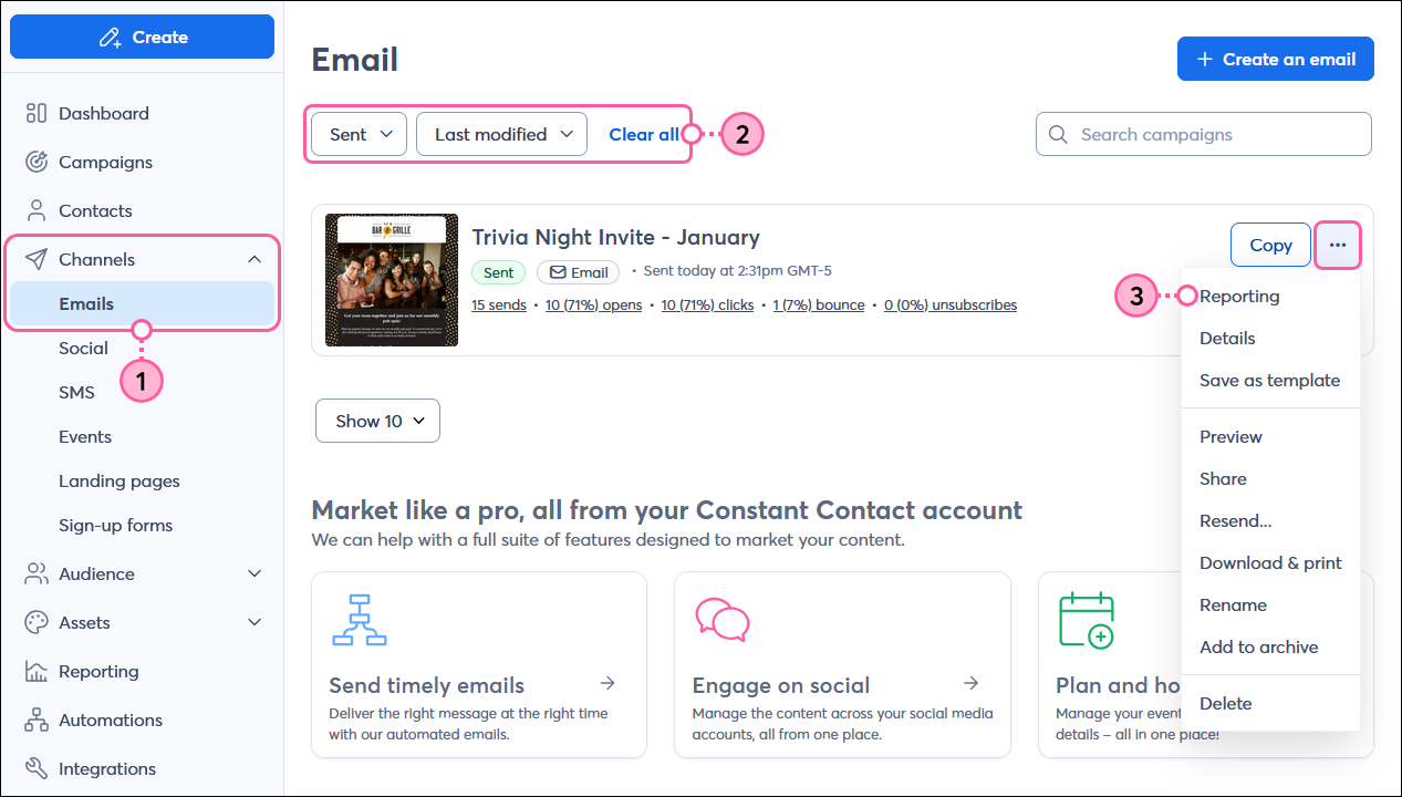 Channels menu expanded with Emails option selected, Email page with Status drop-down menu and Sent option selected, Sent email with menu expanded and Reporting option selected