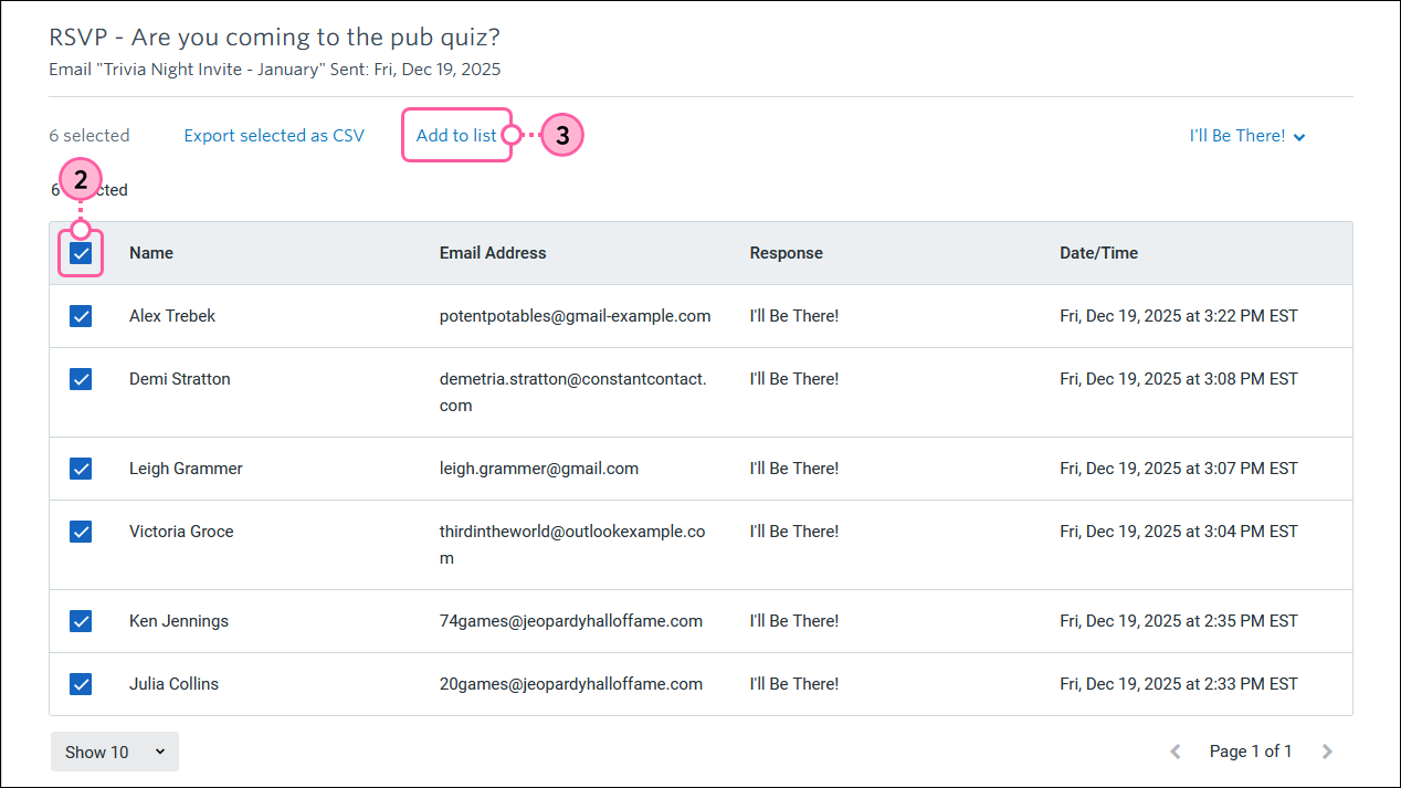 RSVP answer page with all contacts selected and Add to list option selected
