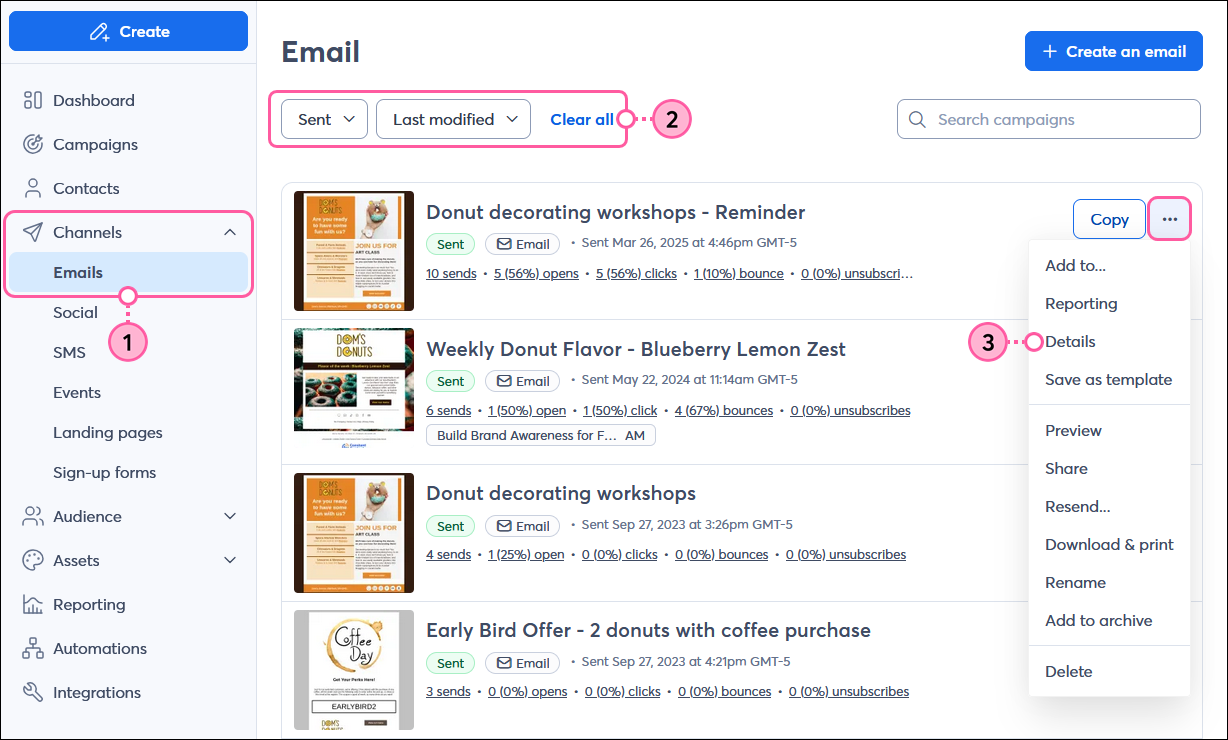 Channels menu expanded with Email option selected, Status drop-down menu with Sent option selected, and sent email with menu expanded and Details option selected
