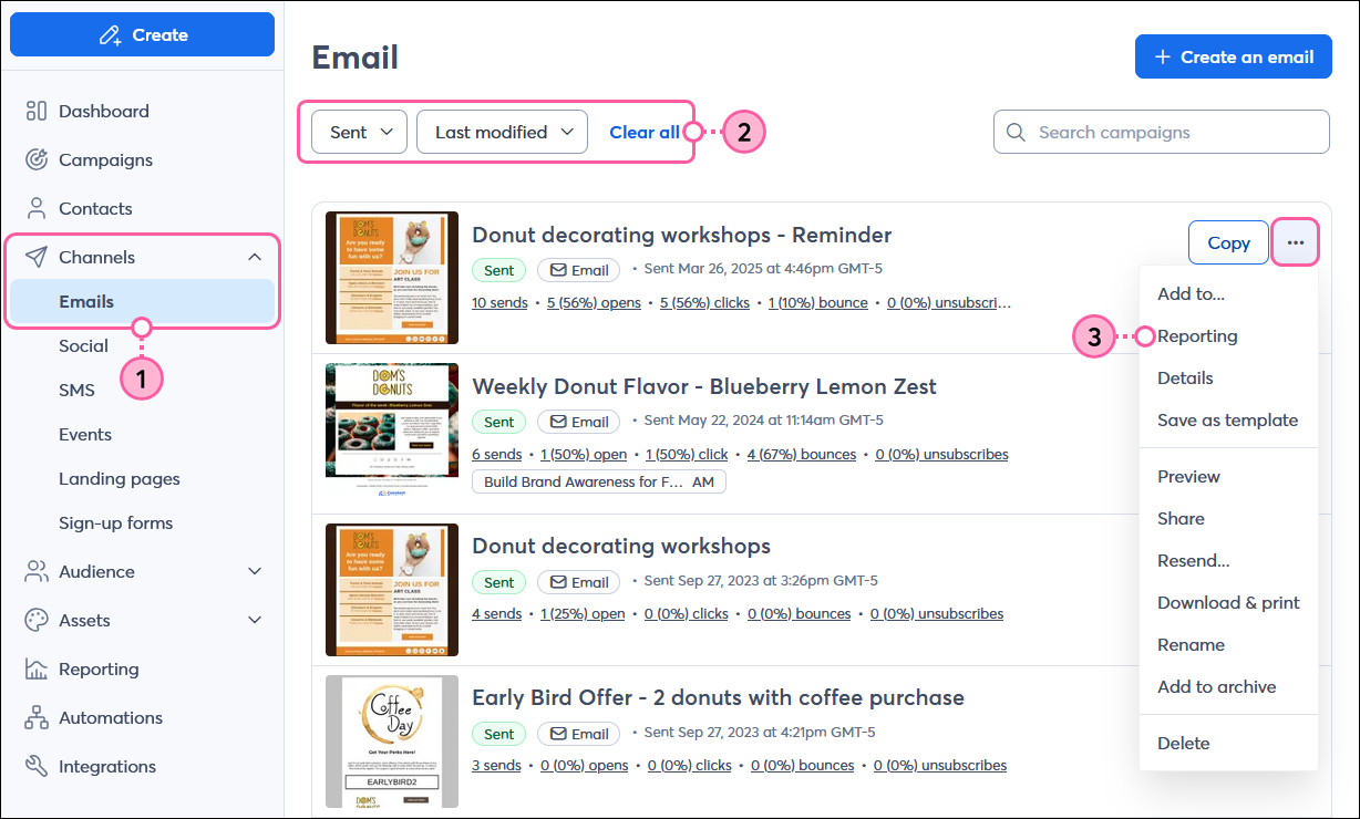 Channels menu expanded with Email option selected, Status drop-down menu with Sent option selected, and sent email with menu expanded and Reporting option selected
