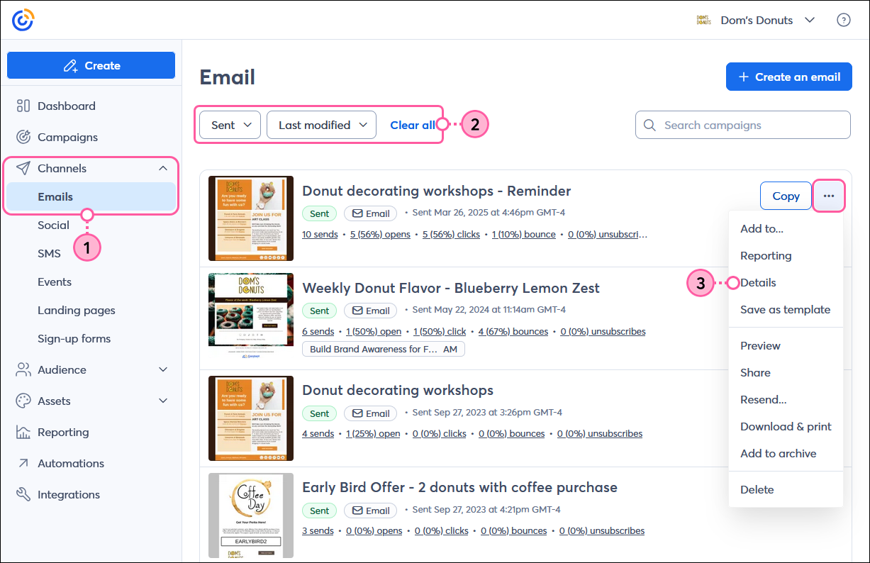 Channels menu expanded with Email option selected, Status drop-down menu with Sent option selected, and sent email with menu expanded and Details option selected