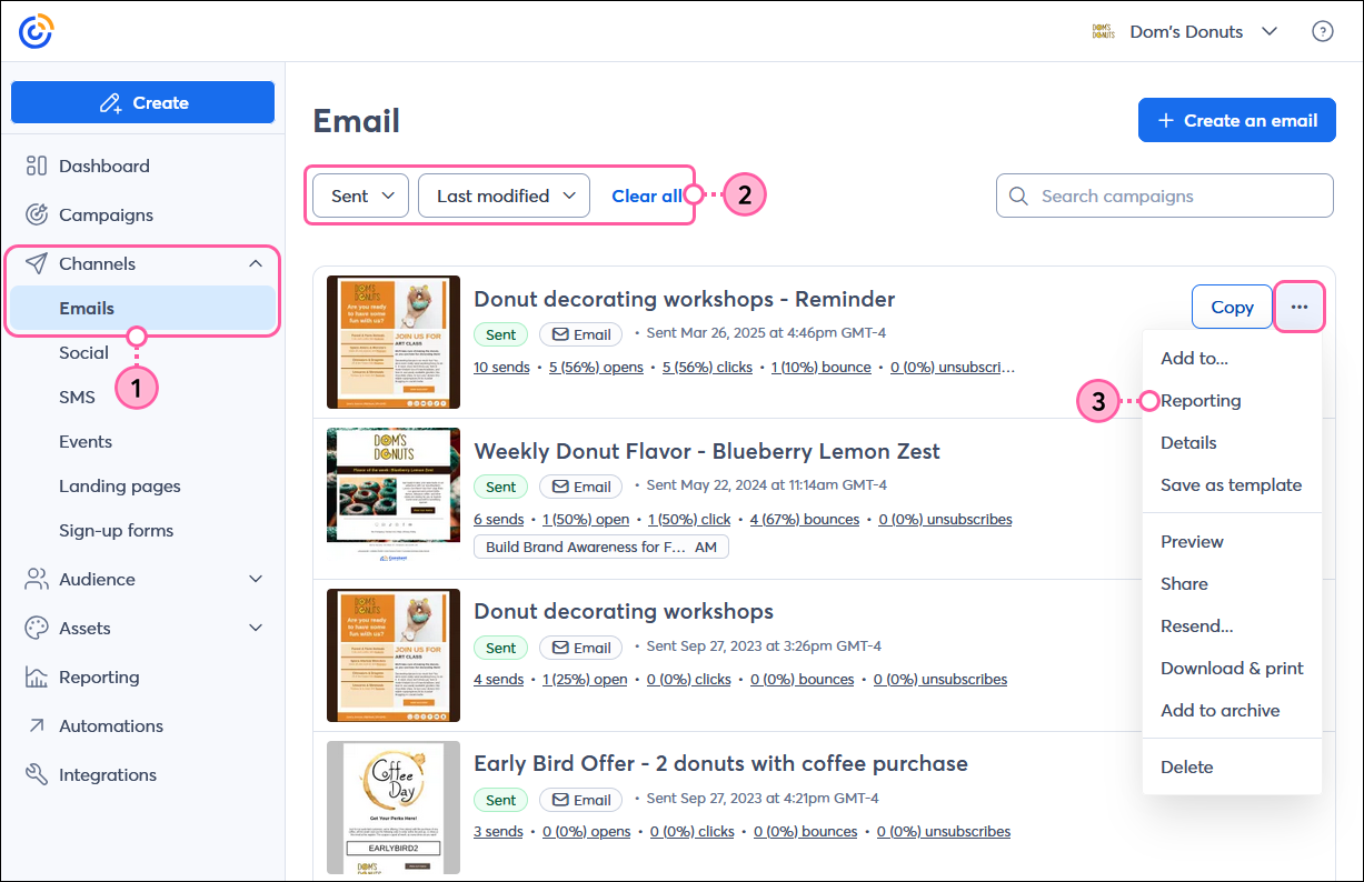 Channels menu expanded with Email option selected, Status drop-down menu with Sent option selected, and sent email with menu expanded and Reporting option selected