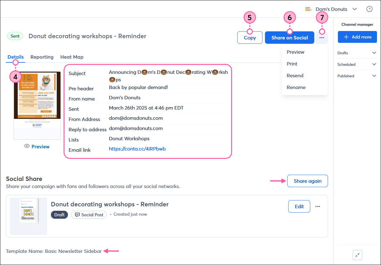 Email Details page with Details tab selected, with email header information, Copy button, Share on Social button, and email menu options, and Social Share section with Share again button