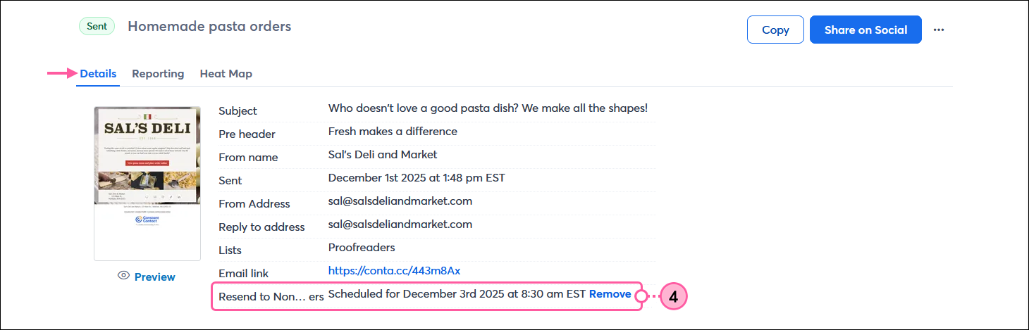 Email Details page with Details tab selected, and Resend to Non-Openers option with Remove link