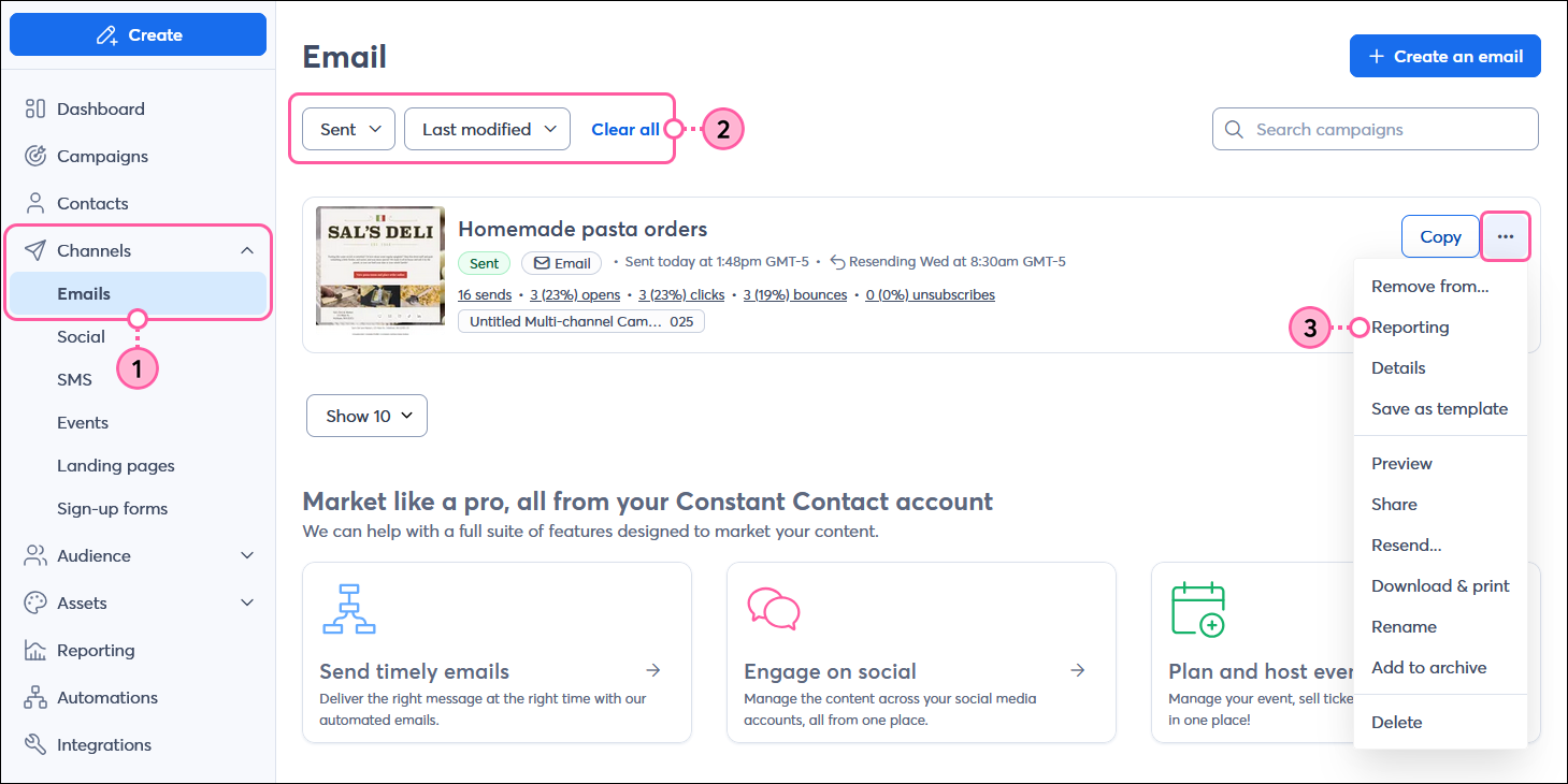 Channels menu expanded with Emails option selected, Email page with Status drop-down menu with Sent option selected, Sent email with menu expanded and Reporting option selected