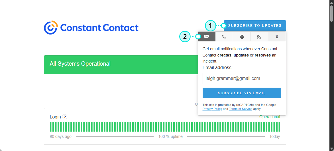Constant Contact Status page with SUBSCRIBE TO UPDATES drop-down menu expanded, and email option selected with Email address field and SUBSCRIBE VIA EMAIL button