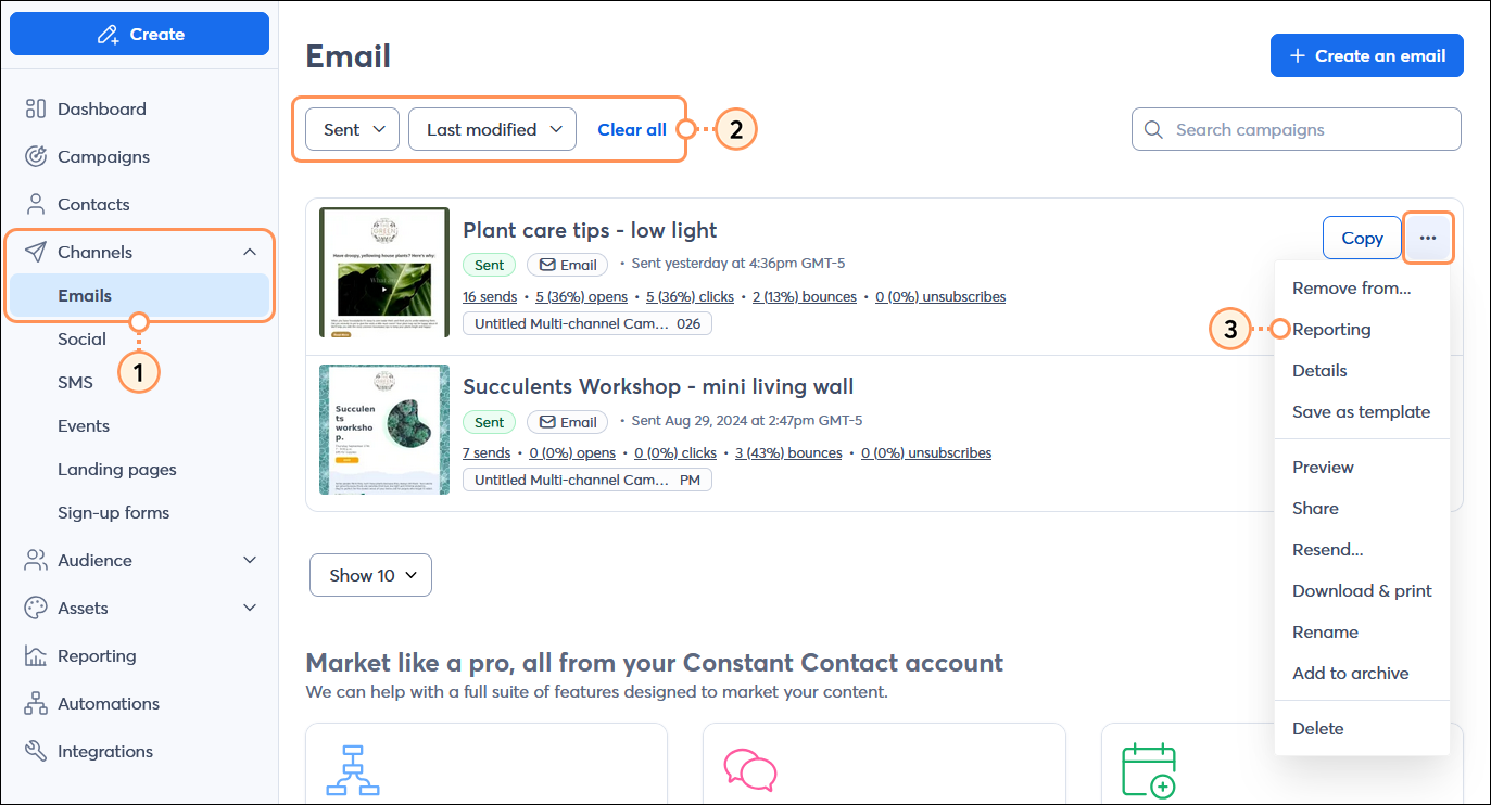 Channels menu expanded with Emails option selected, Status drop-down menu with Sent option selected, and sent email with menu expanded and Reporting option selected