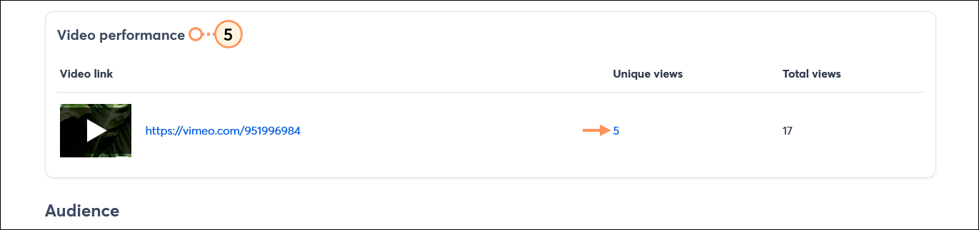 Email Details page Video performance section with Video link, Unique views, and Total views